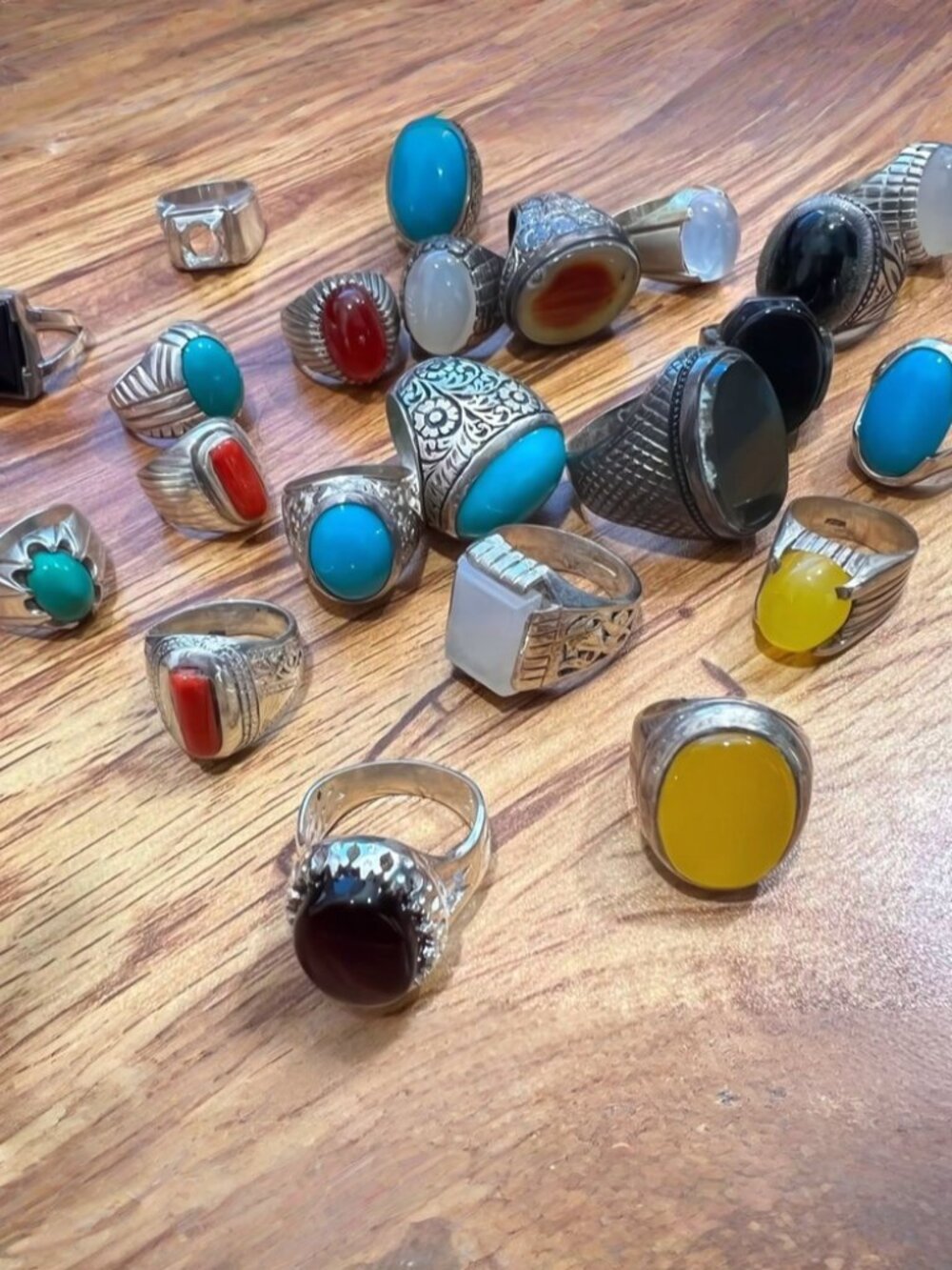 22 ring of pure sterling silver 925, including Turquoise, Agate, Coral gemstones